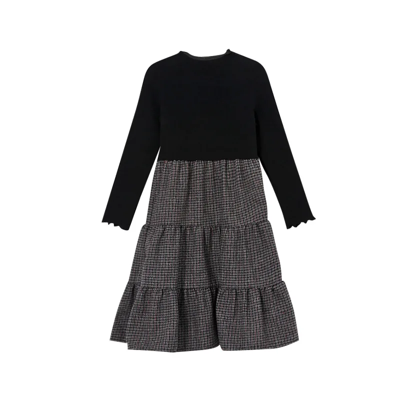 black and plaid Осенние платья для девочек; Новинка года; платье в клетку для маленьких девочек; платье принцессы для малышей; Детские платья; эластичный Вязаный топ в стиле пэчворк;#5363 - Цвет: black and plaid