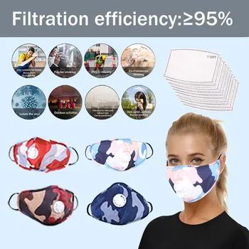

Adult Reusable Earloop Mouth Mask Dustproof Protective Respirator Camouflage Breathable Face Masks+10PC Filter Mouth Cover маски