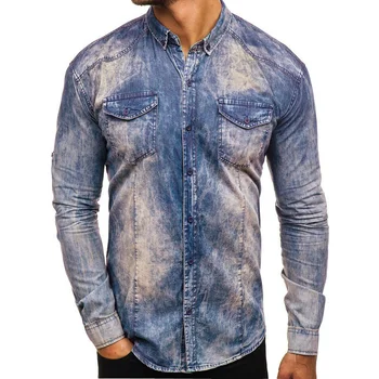 

Men Denim Shirt Long Sleeve Soft Two Pockets Slim Slight Elastic Retro Jeans Cowboy Contrast Color Button Down Tops Clothing