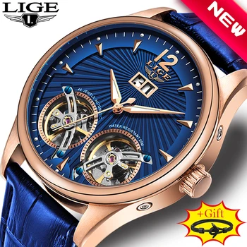 

LIGE New Mechanical Double Tourbillon Dial Waterproof Watch Men Casual Business Fashion Leather Luxury Mens Watches Reloj Hombre