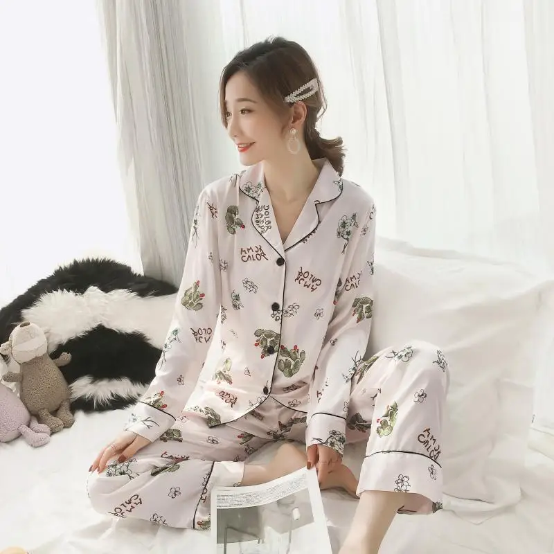 

2019 Spring New Style Pajamas Women's Model Silk Long-sleeved Cardigan Cute Sweet GIRL'S Viscose Homewear Set