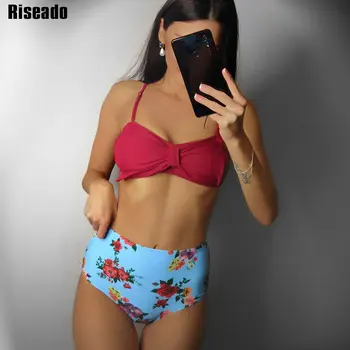 

Riseado Sexy Bow Bikinis Strap Bandeau Swimwear Women High Waisted Swimsuits Floral Print Summer Beach Wear Bathers