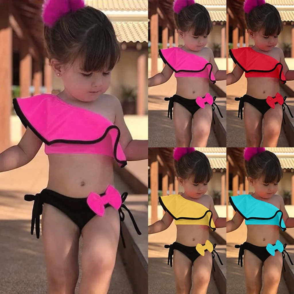 Раздельный детский набор бикини для девочек, Одноцветный комплект бикини с оборками и бантом, пляжный купальный костюм для дома и отдыха