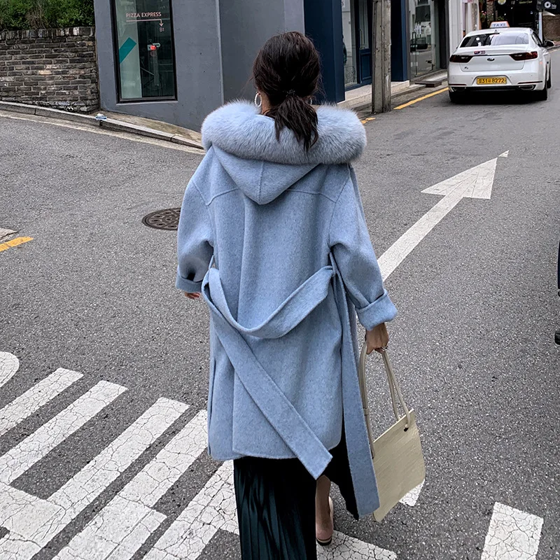 

2020 Hooded Luxury Fox Fur Collar Double Wool Coat Slim Wool Coat Open Stitch Pockets Women Long Coat
