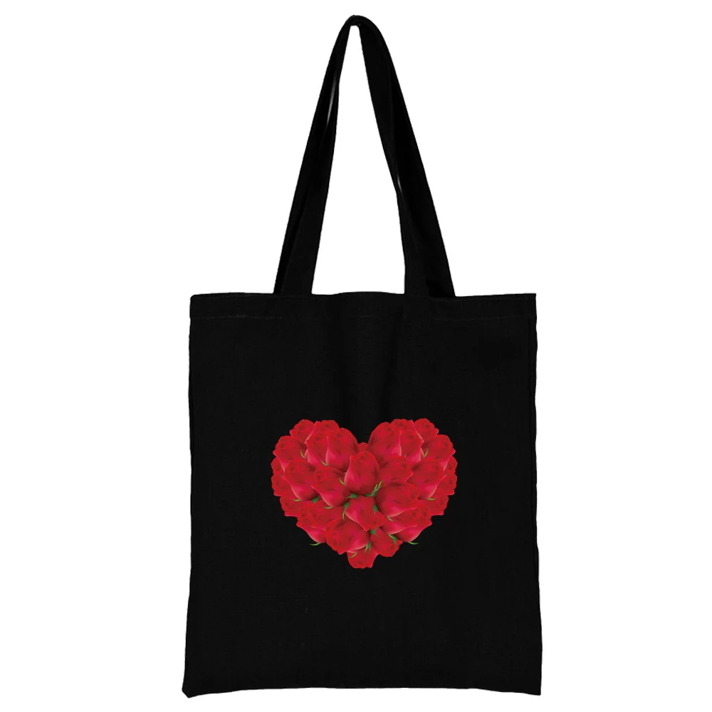 Women's Fabric Shopping Bag Fashion Classic Love Heart Pattern Series Shoulder Bag Reusable Black Print Canvas Tote Bag Shopper