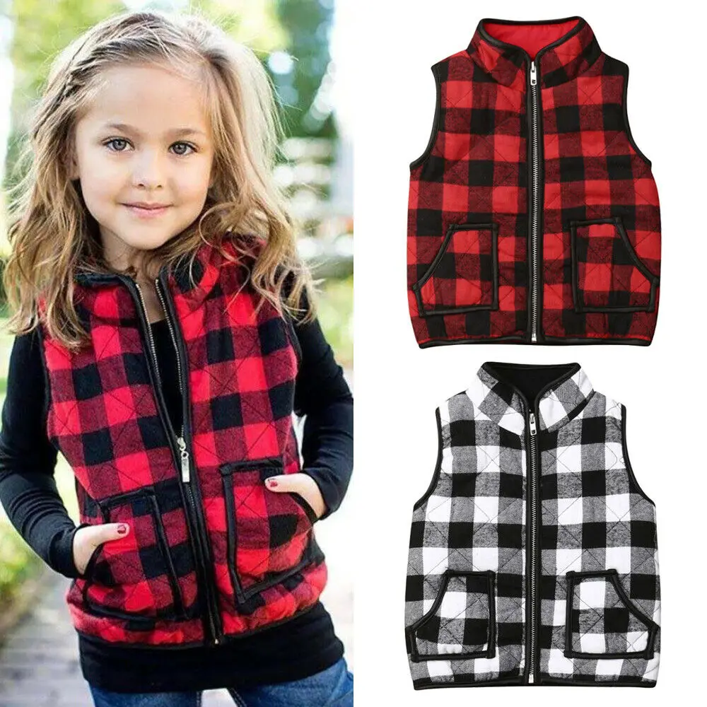 Autumn Winter Coat Toddler Baby Girl Winter Clothes Plaid Zipper Coat Tops Jacket Waistcoat 1-6T