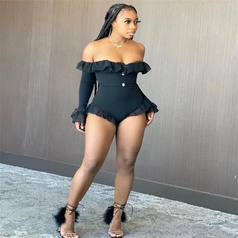 

FUFUCAILLM Ruffled Long Flare Sleeve Off Shoulder Romper Women Summer Bodysuits Femme Solid Color Tight Rompers Bodycon Outfits