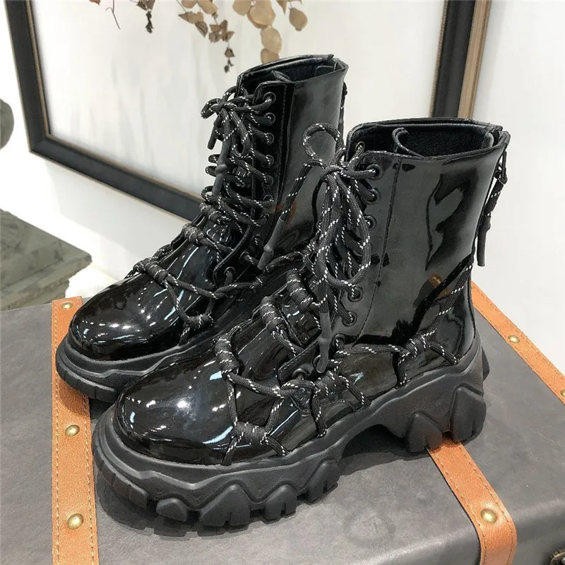 black leather Ботильоны для женщин из натуральной коровьей кожи с зубами дракона; женские ботинки на толстой платформе в стиле панк; женская зимняя обувь белого цвета - Цвет: black leather