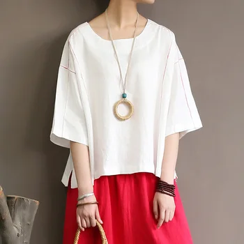 

High end pure Ramie blouse female medium sleeved short size Batman shirt hit color embroidered thread hemp