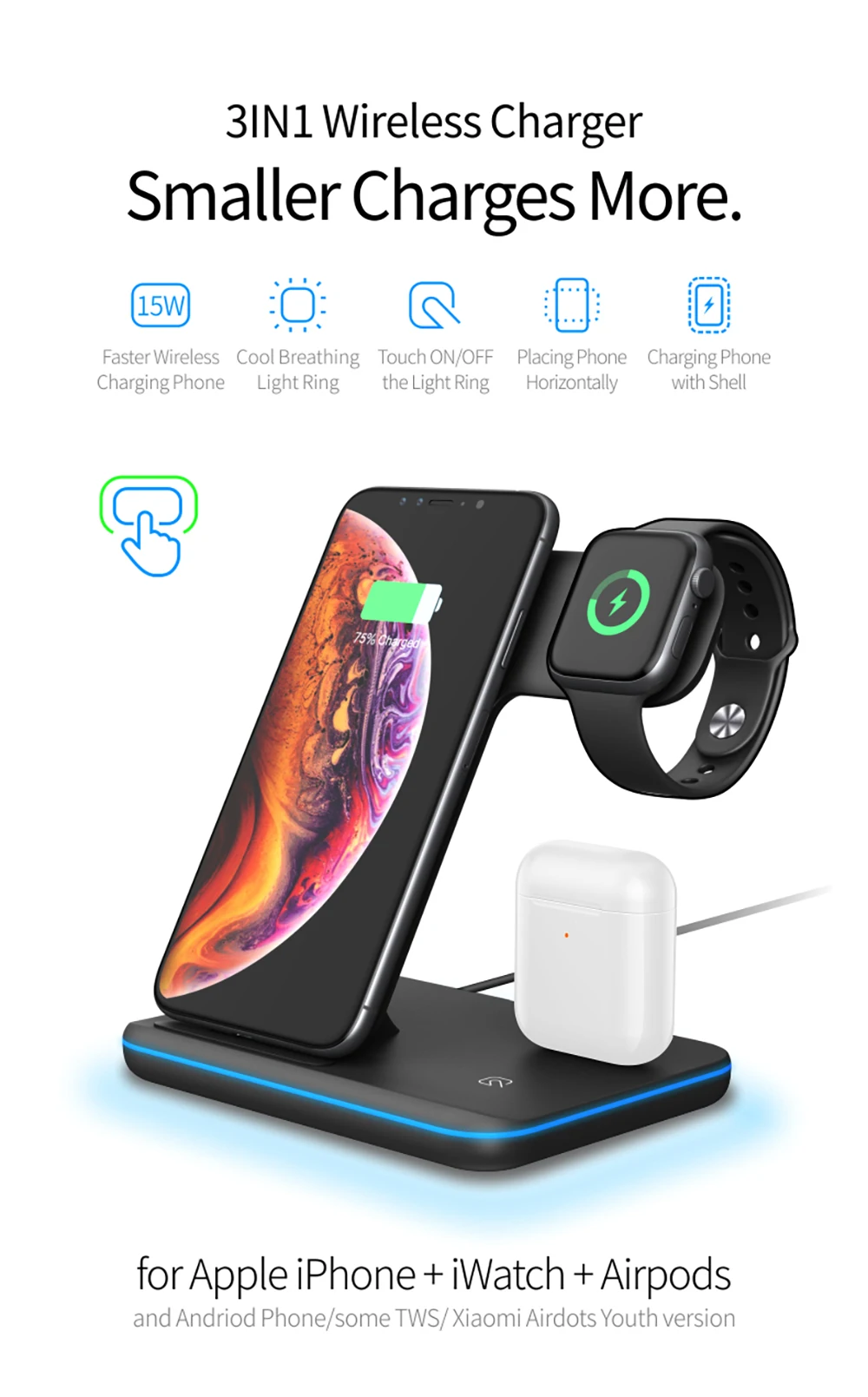 3 в 1 беспроводная зарядная док-станция для Iphone X 8 Plus Xr 11 Pro Xs Max и Apple Watch 4 3 2 Cargador Qi 15W Inalambrico