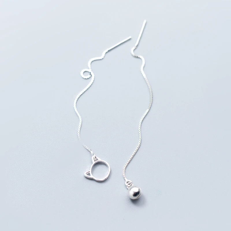 925 Sterling Silver Asymmetrical Cute Cat Bell Pendant Earings Long Ear Threads Linear Dangle Drop Earrings for Women | Украшения и