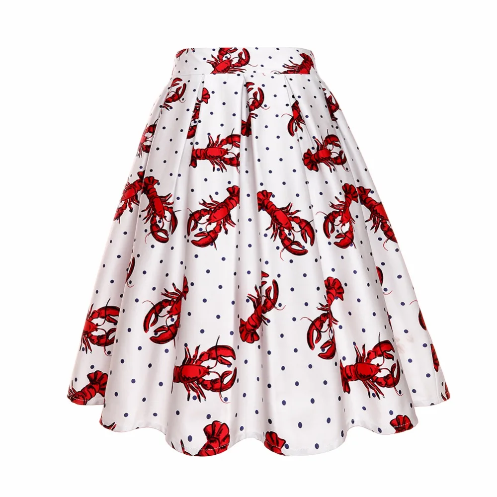 Миди юбки с принтом омаров, Повседневная винтажная плиссированная юбка с высокой талией, 2018 летняя трапециевидная юбка с зонтиком большого
