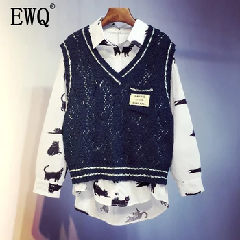 

[EWQ] 2020 Spring Autumn New Patchwork Office Lady Wild V-neck Thin Simple Loose Women's Pullover Knitted Sweater Vest TX615
