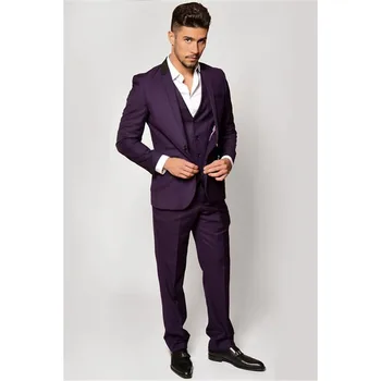 

(Jacket+Pants+Vest) Dark Purple Men Suits Cool Lapel Design Men's Party Prom Tuxedo Handsome Marriage Groom Wedding Suit