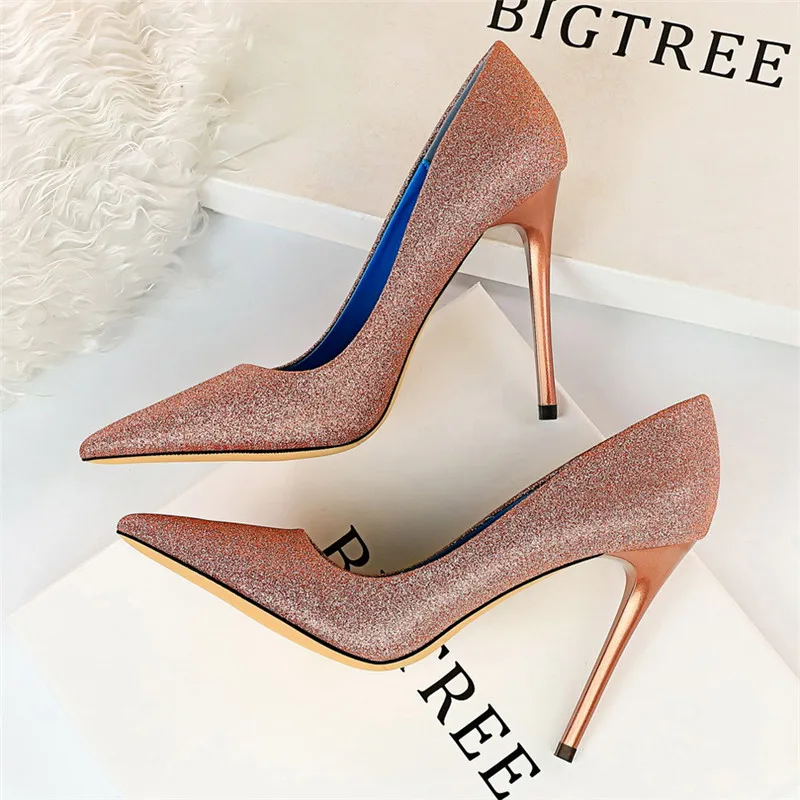 BIGTREE 10,5 см Bling выходные женские туфли-лодочки платье шпильки острый носок женские туфли на низком каблуке Женская обувь в деловом стиле на высоком каблуке для ночного клуба - Цвет: Rose Red