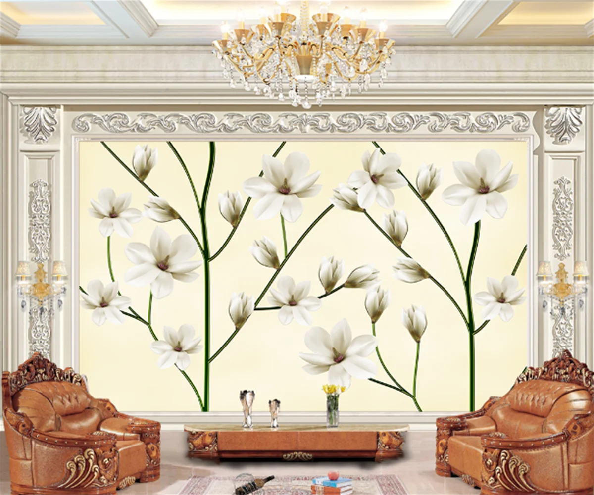 European and American white magnolia flower living room TV background wall mural 3D magnolia tree home improvement wallpaper