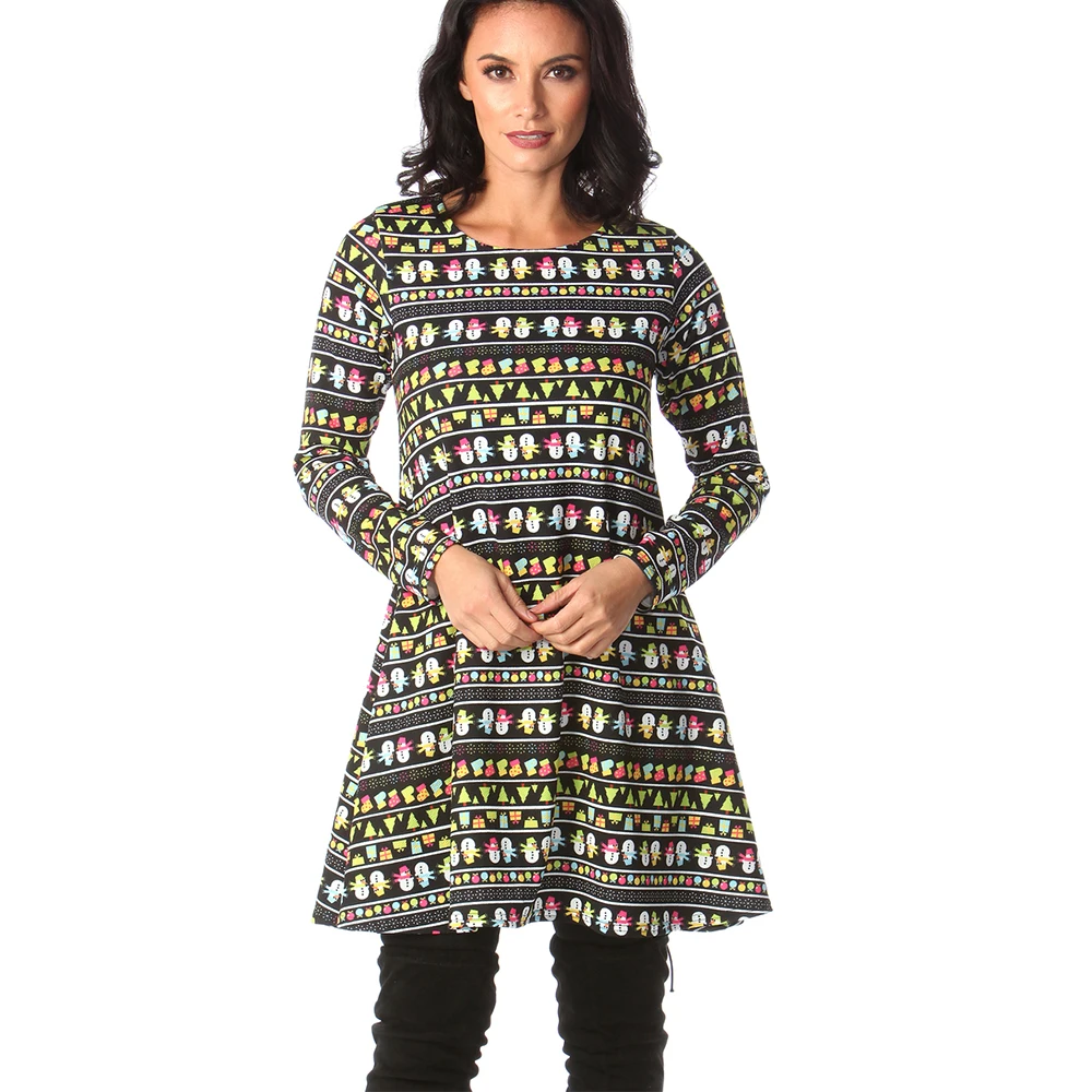 S-5XL Plus Size Print Long Sleeve Christmas Dress New Year' s Autumn Women Casual Cartoon Printed Loose Party Dress Vestidos