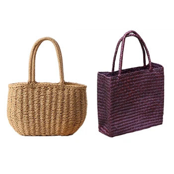 

2 Pcs Fashion Straw Summer Women Beach Handbags Female Flap Handbags Designer Lady Retro Rattan Handmade Tote Bag, Light Brown &