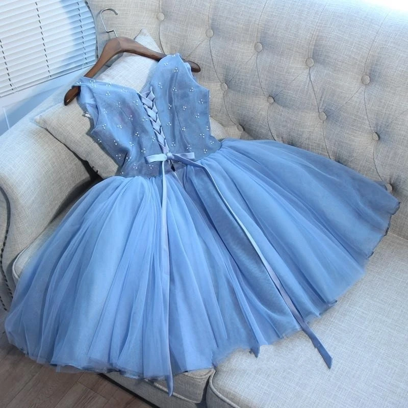 Robe de soriee/ярко-синие коктейльные платья Аппликация из тюля, сексуальные мини-вечерние короткие платья с v-образным вырезом, выше колена, на шнуровке, новинка