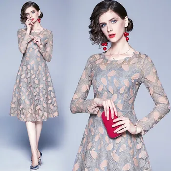 

European station 2019 autumn new women's fashion dresses slim long sleeve round neck A-Line lace elegant dress women