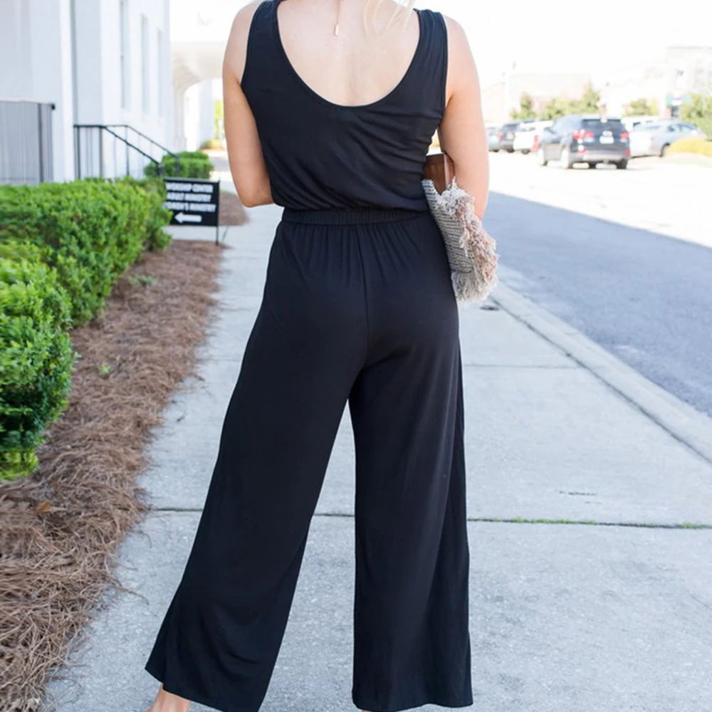 Women Jumpsuits 2020 Casual Solid Backless Loose Cotton Overalls  Wide Legs Fashion Office Lady Workwear D30
