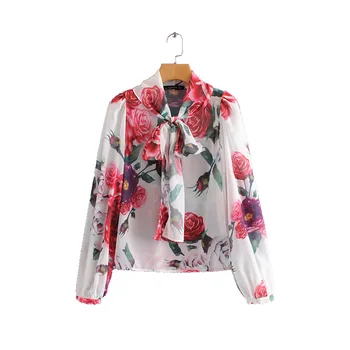 

2020 Fashionable Women's Blouses Spring Summer New Long-Sleeved Single-Breasted Loose Floral Printed Lace-up Chiffon Shirt