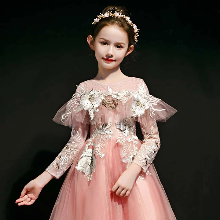 2019Autumn Winter Sweet Cute Beautiful Elegant Florals Princess Dress For Birthday Evening Party Girs Children Host Dress Wear