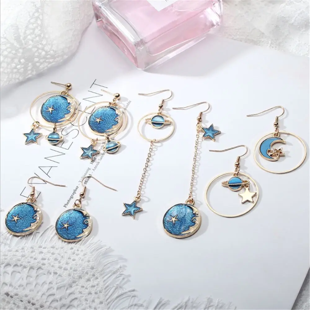 

Fashion Blue Star Moon Star Stud Earrings For Women Gold Color Universe Planet Circle Asymmetry Long Earrings New Arrival