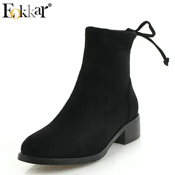 

Eokkar 2020 Women Shoes Women Ankle Boots Fashion Square High Heel Roud Toe Elegant Black Slip on Black Ladies Shoes Size 34-43