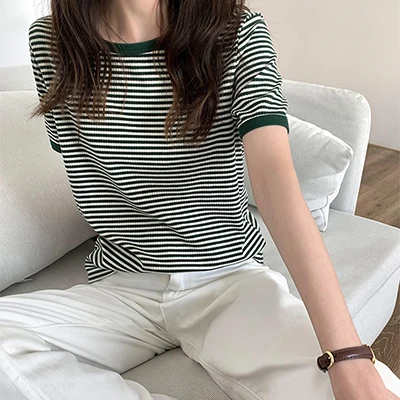 Striped Vintage Short Sleeve T Shirt Women 2022 Summer Korean Fashion T-shir Soft Tops Tshirts Casual O Neck Tee Shirt Female Green