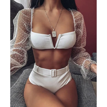 

Long Sleeve Mesh Women Bikinis 2020 Sexy Push Up Swimwear Women Swimsuit Female High Waist Bikinis Set Summer Swim Bathing Suit
