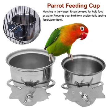 

Bird Feeder Parrot Feeding Cup Accessories Small Animal With Clamp Holder Stainless Steel Home Cage Bowls Easy Install Food Dish