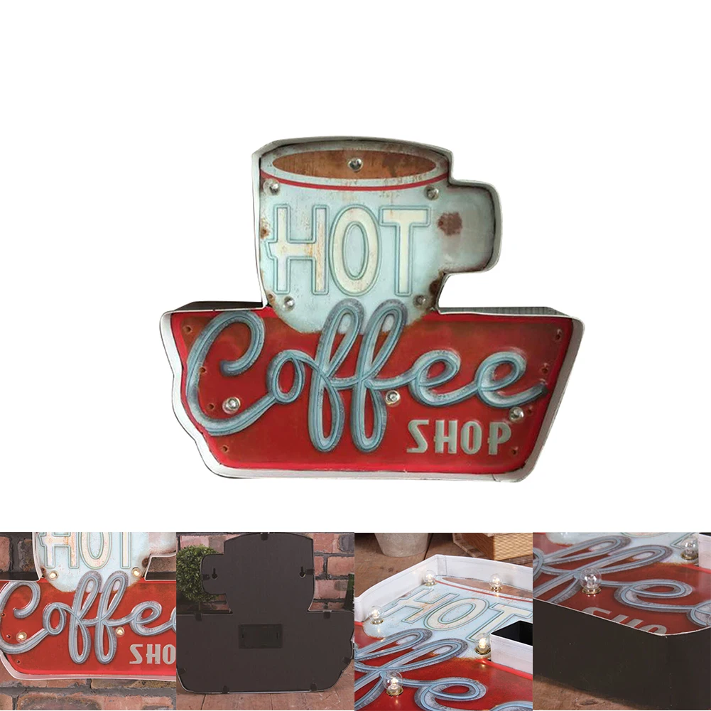Прочный Настенный декор, винтажный горячий кофе магазин, СВЕТОДИОДНЫЙ знак, железная Закусочная, домашняя, на батарейках, доска с подсветкой