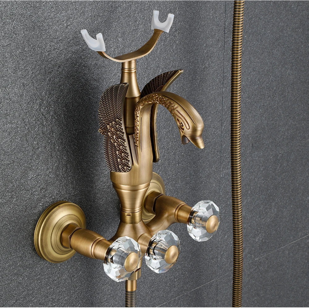 Index Bath Golden Brass Bath Shower Faucet Set Wall Mounted Swan Bathroom Faucet