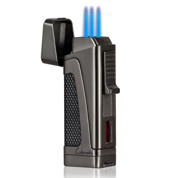 

Lubinski Cigar Lighter Metal Gas Windproof 3 Jet Lighters Cigar Holder Top W/ Cigar Punch Ignition Cigarette Lighters