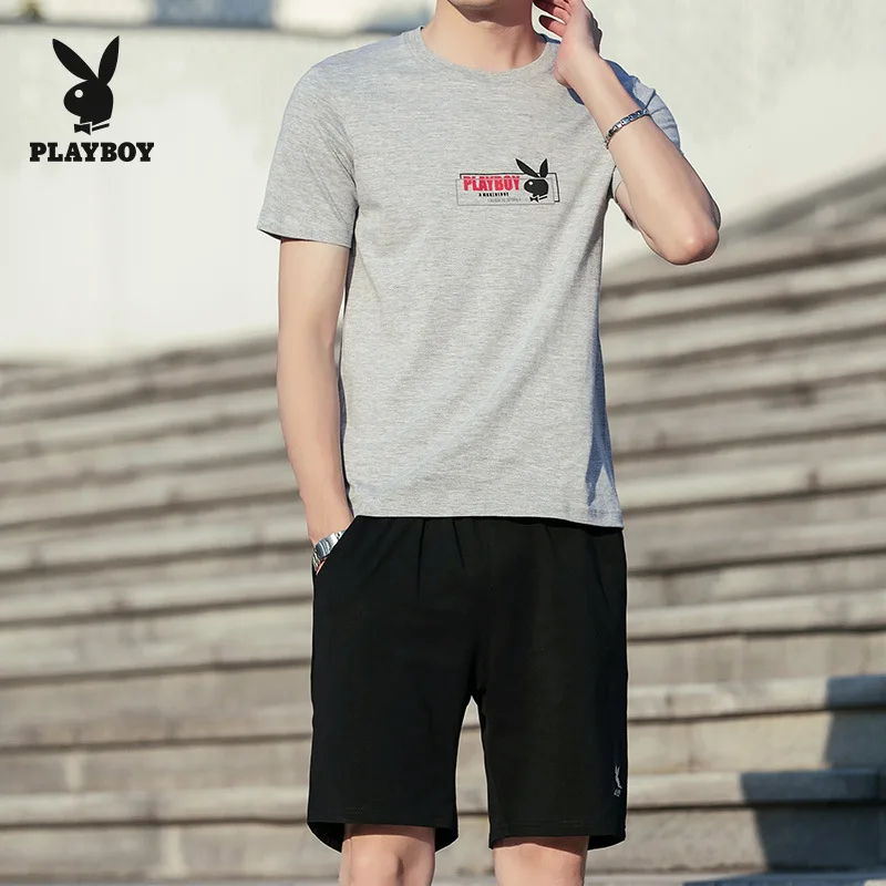 Brand 2020 Playboy Teen Men's Slim Breathable Fashion Trendy T-Shirt + Five-Pants Sports Pants Set Clothes