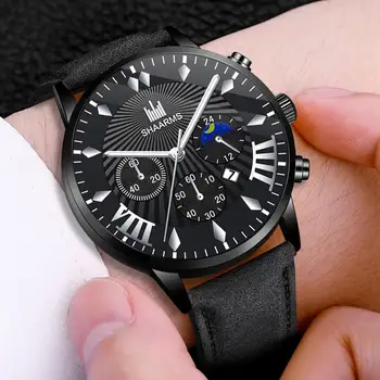 

SHAARMS Men Black Leather Watch Stainless Steel Quartz Sport Date Watches Fashion Business Casual Wristwatch For Man 2020