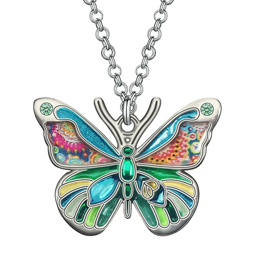 Bonsny Enamel Crystal Alloy Floral Insect Butterfly Necklace Pendant Chain Fashion Party Jewelry For Women Girl Teens Charm Gift green