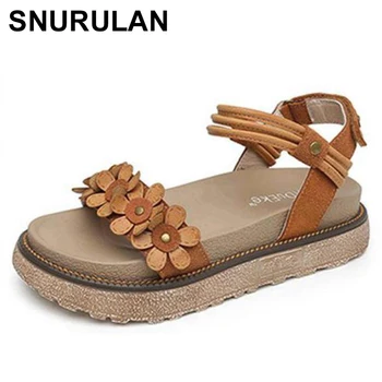 

SNURULAN 2020 New Women Sandals Thick Bottom Flowers Woman Summer Beach Shoes Floral Soft Hook Buckle Flat Heel Brown Big Size