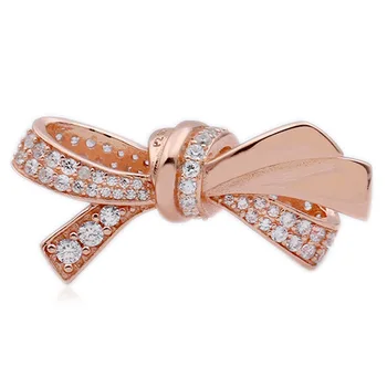 

New 925 Sterling Silver Bead Charm Rose Sparkling Oversized Brilliant Bow With Crystal Beads Fit Bracelet Diy Jewelry