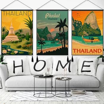

Visit Thailand Bangkok Phuket Travel Vintage Hanging Cloth Cotton Line Painting Poster Home Decor Wall Hanging Tapestry Gift