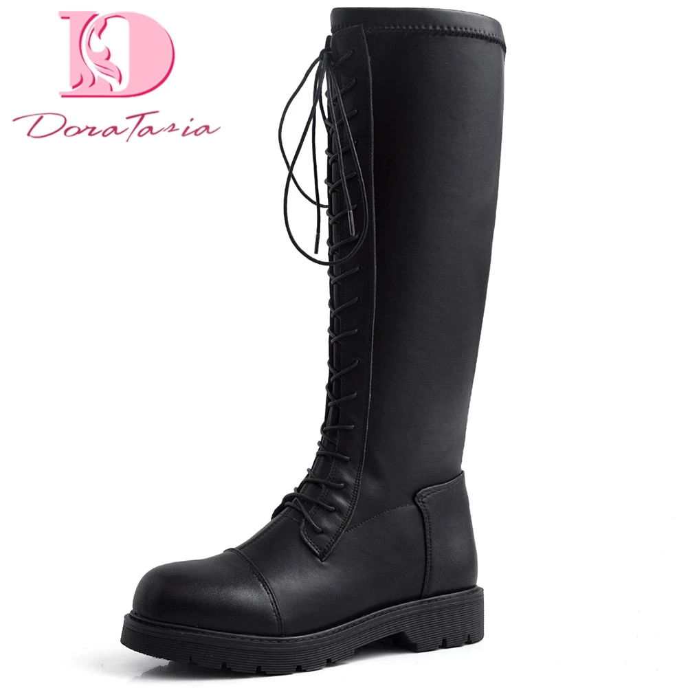 

Doratasia fashion new hot Genuine Cow Leather 2020 Mid Calf Boots Women Shoes Woman Lace Up Riding Boots Lady Shoes Women