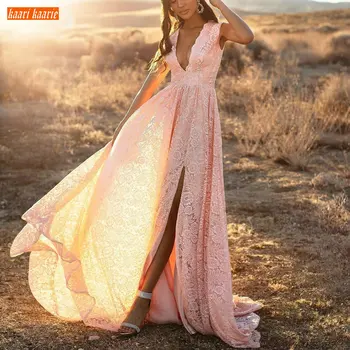 

Sexy Boho Pink V Neck Evening Dresses Long Lace Side split A Line Cheap Gala Formal Dress Women Sleeveless Banquet Evening Gown