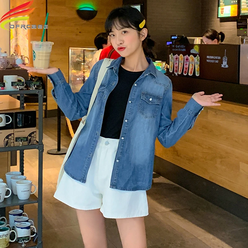 women's long sleeve blue jean shirts