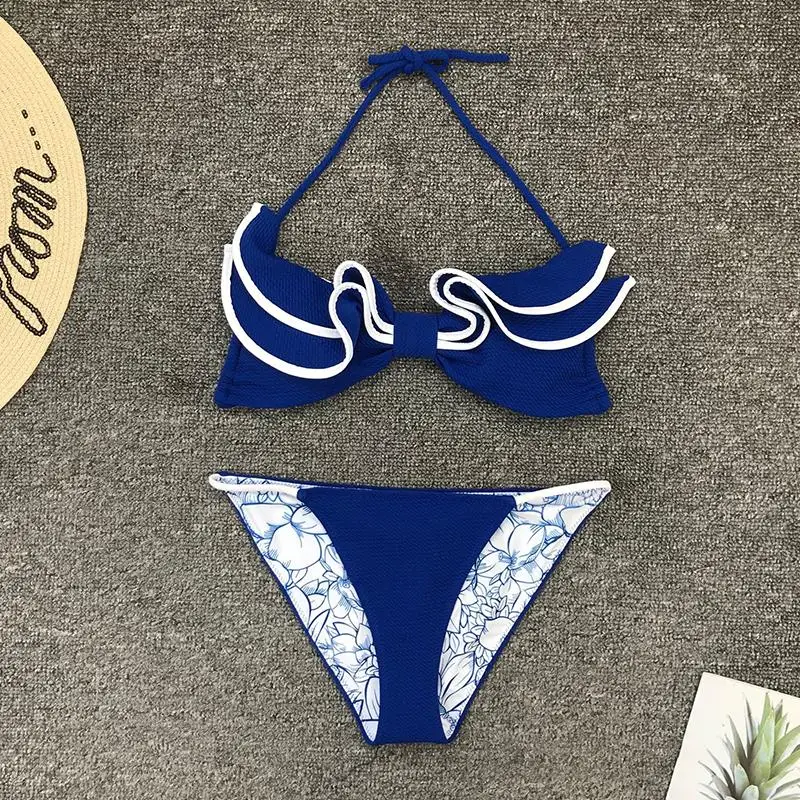 Misswim, синий комплект бикини с оборками,, топ с бретелькой через шею, с принтом, купальник для женщин, летний купальник, пуш-ап, женский купальник, новинка