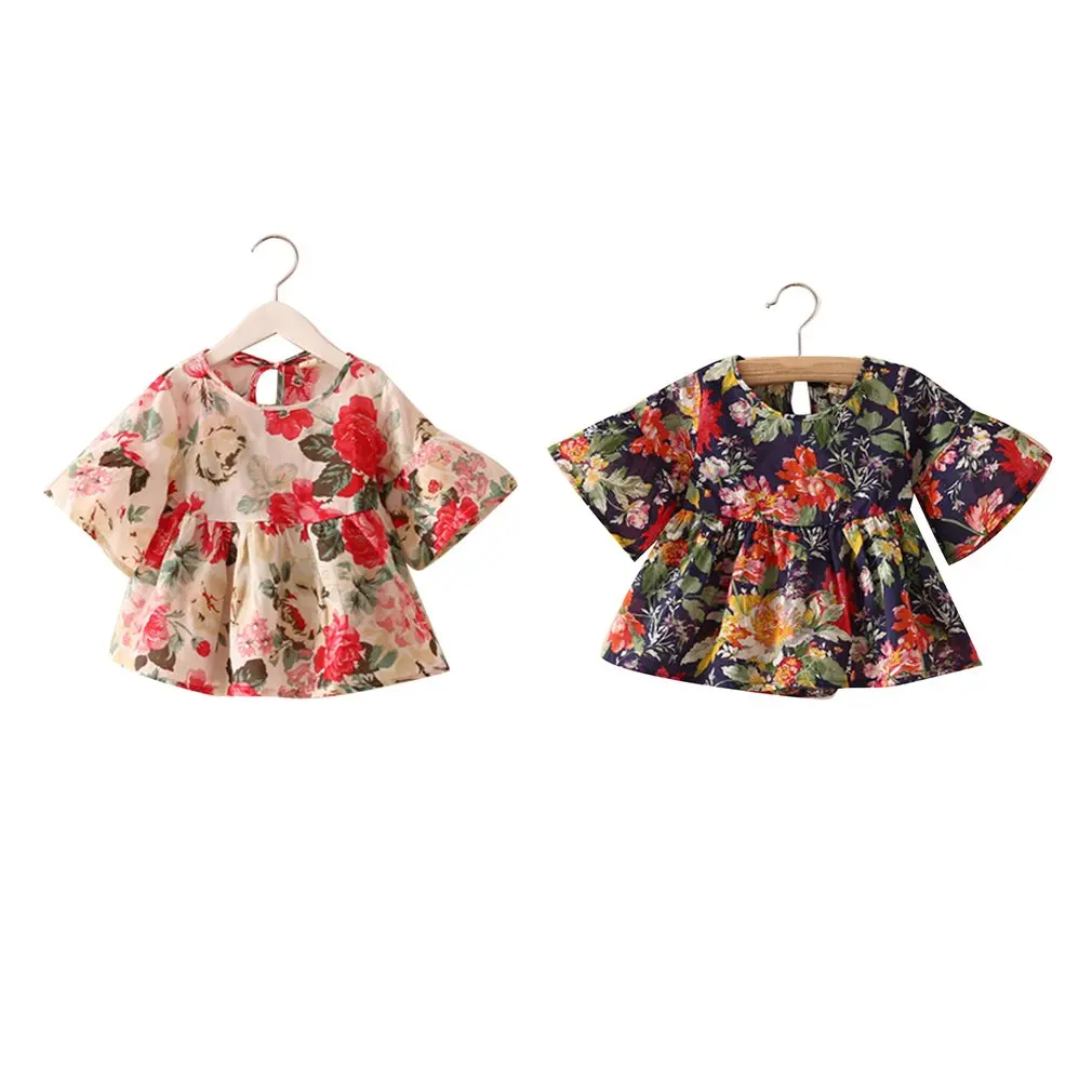 Summer Baby Kids Girls hirt Short Sleeve Trumpet Sleeve T-shirt Floral Printing Fashion Vintage Children Top Shirt Clothes