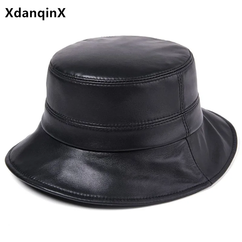 

XdanqinX women's hat natural genuine leather cap bucket hats for women foldable trend vintage sheepskin leather brand black caps