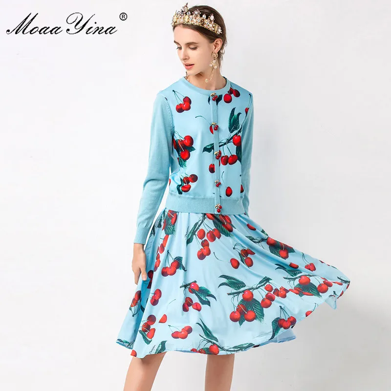 

MoaaYina Fashion Set Autumn Women Long sleeve Lace Cherry Button Knitting Pullover Sweater+Elegant Chiffon Skirt Two-piece suit