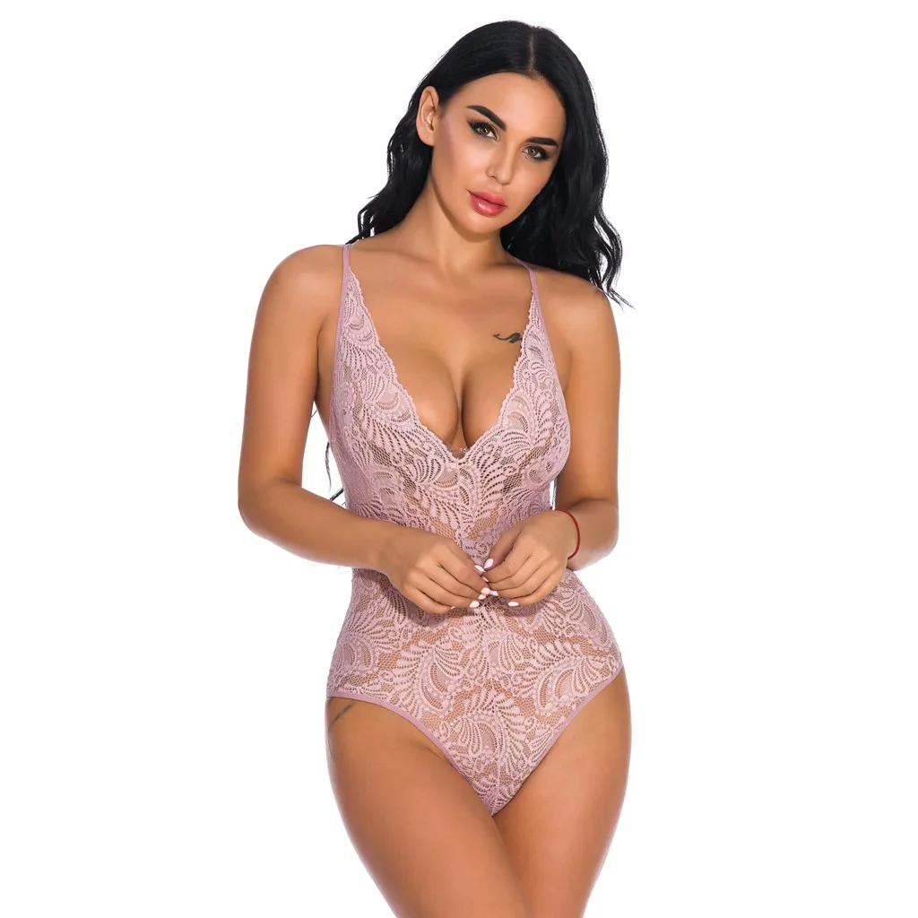 New Fashion Women Bodysuits Solid Sheer Lace V-Neck Ladies Teddy Lingerie Jumpsuit Blackless Bodysuit Lady Sleepwear Body Renda