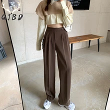 

GJBD Brown Women Chic Design Office Wear Straight Pants Vintage Casual Baggy High Waist Ladies Korean Fashion Wide Leg Trouser